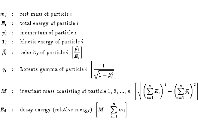 \begin{eqnarray*}m_i &:& \mbox{ rest mass of particle } i \\
E_i &:& \mbox{ to...
...energy (relative energy) }
\left[ M - \sum _{i=1}^n m_i \right]
\end{eqnarray*}